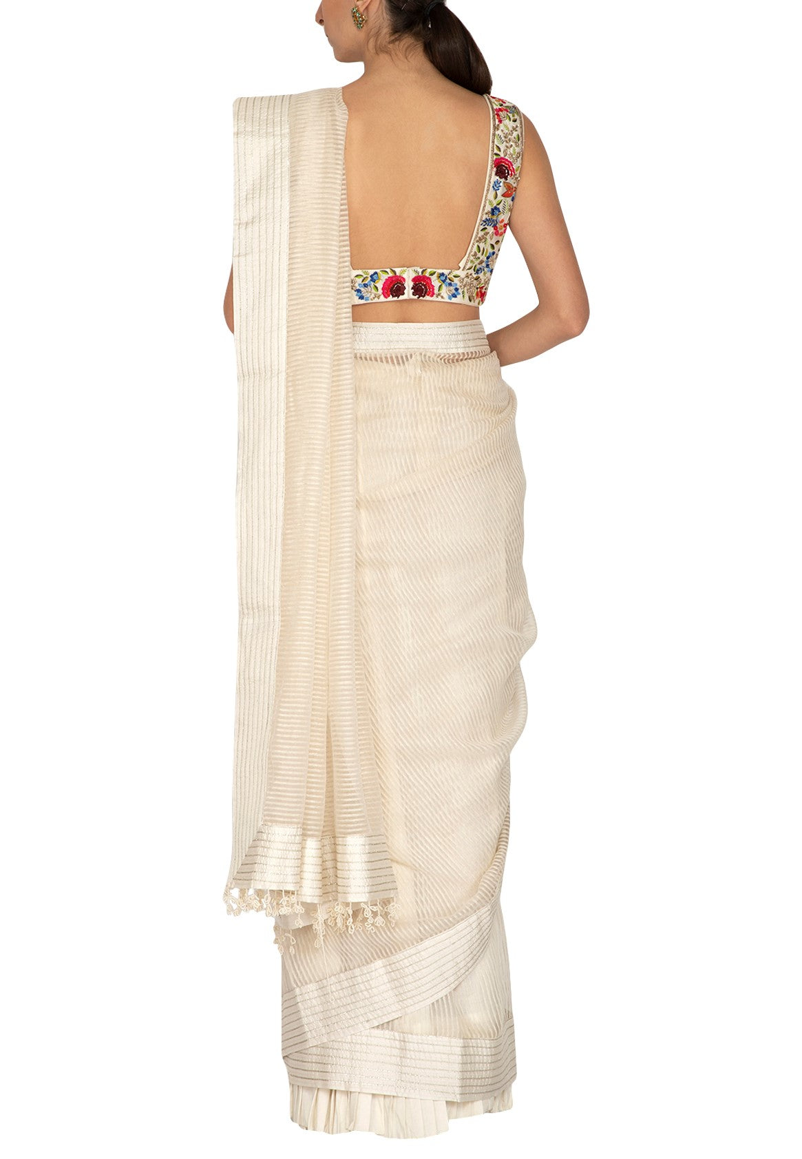 Ivory Stripe Saree With Embroidered Blouse