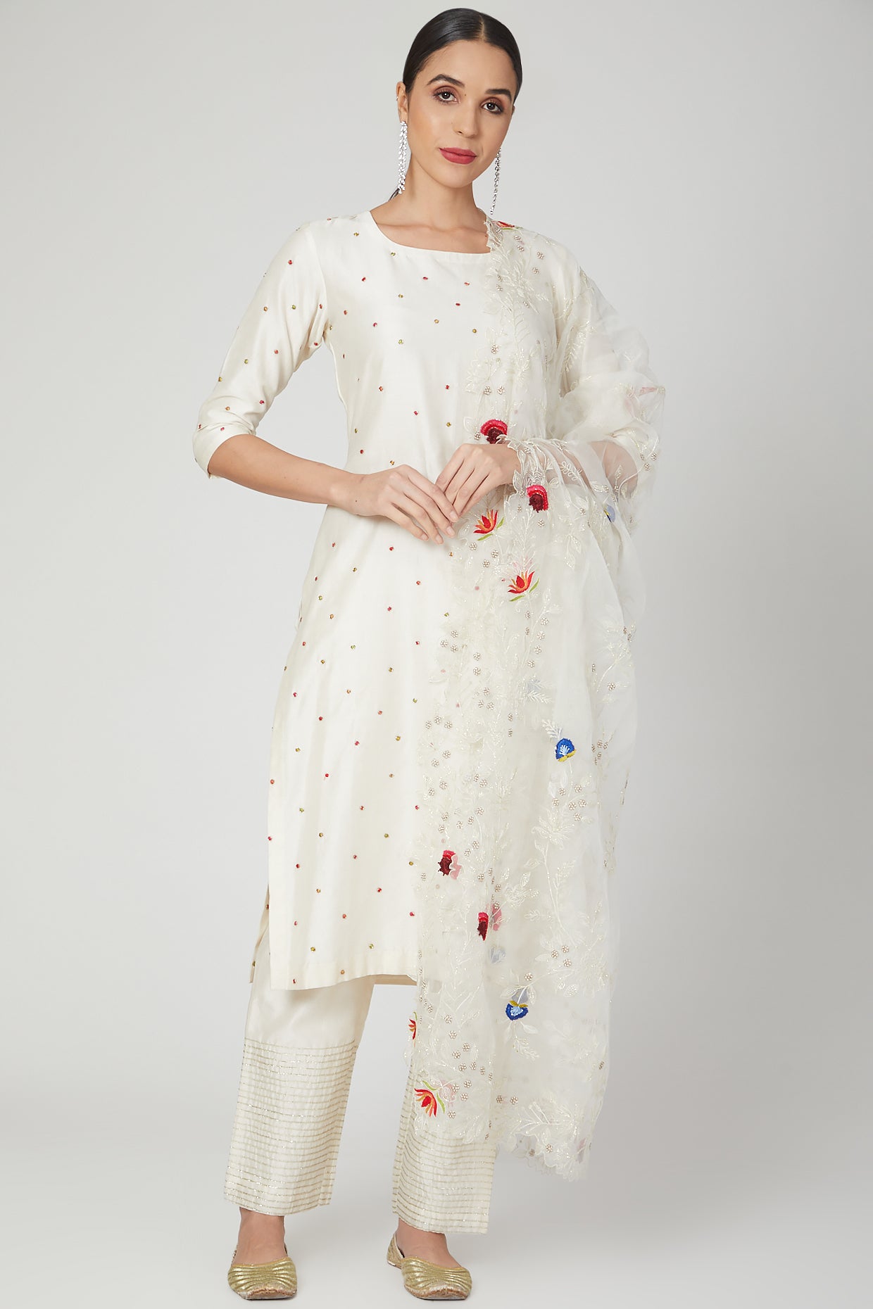 Ivory Polka Dotted Embroidered Kurta And  Plazo Set