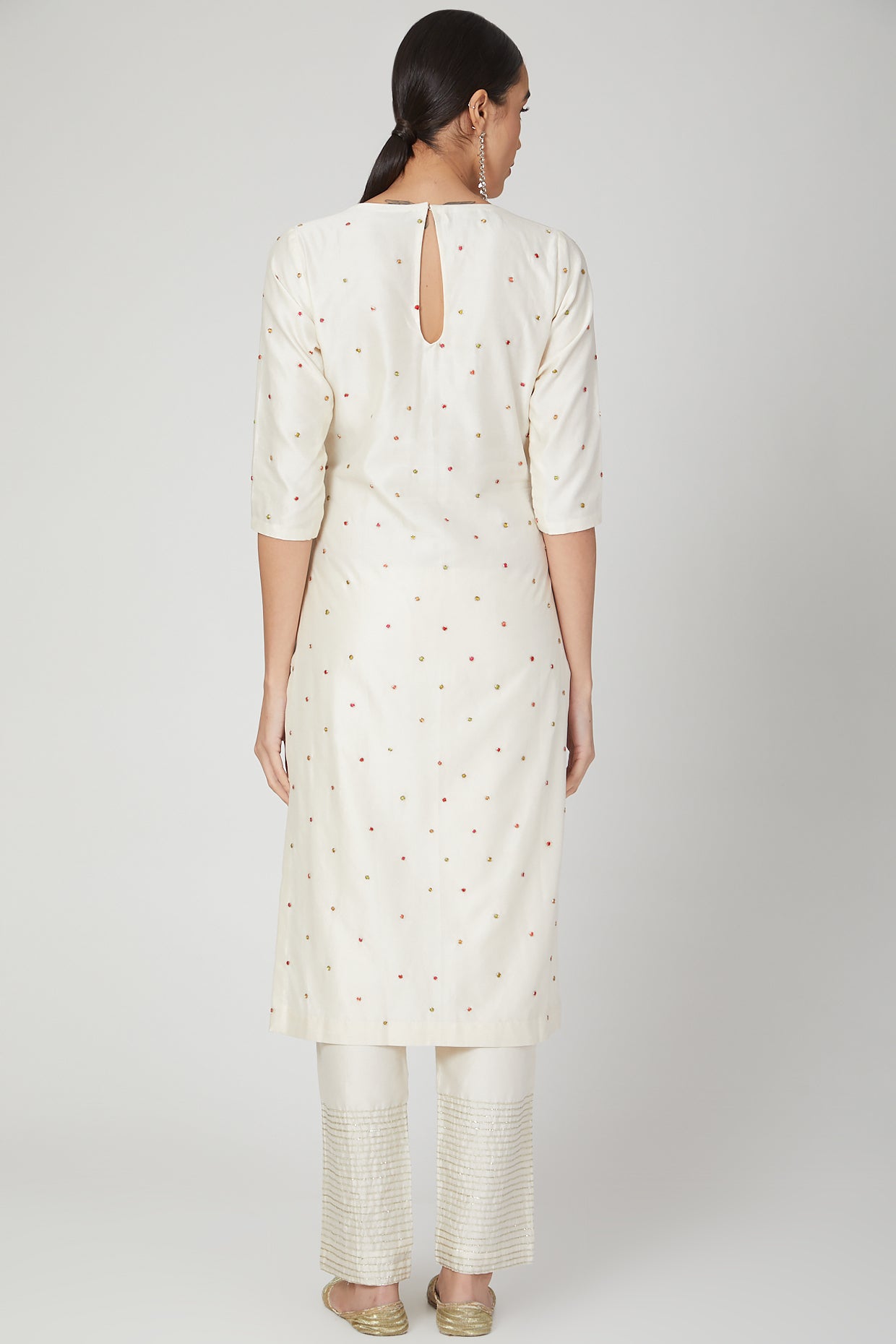 Ivory Polka Dotted Embroidered Kurta And  Plazo Set