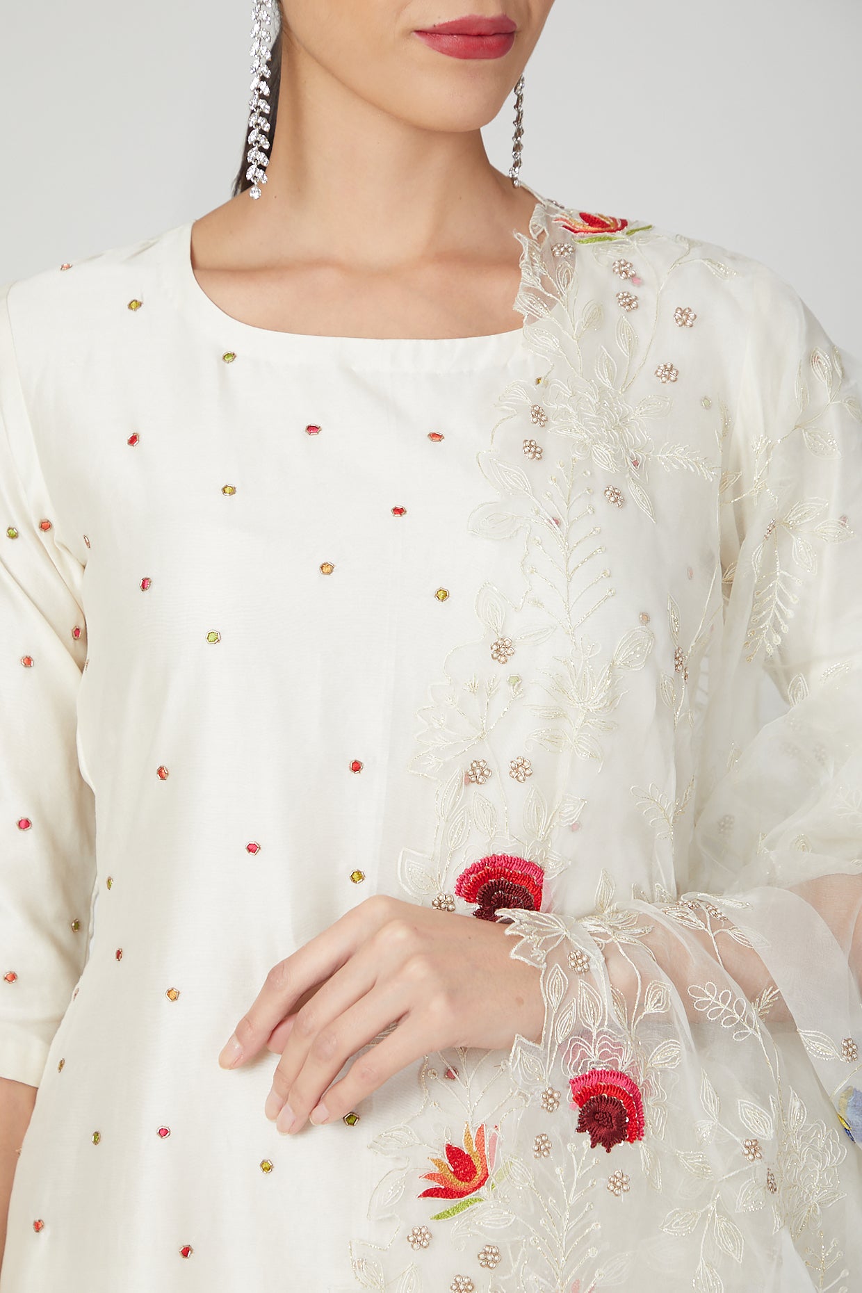 Ivory Polka Dotted Embroidered Kurta And  Plazo Set