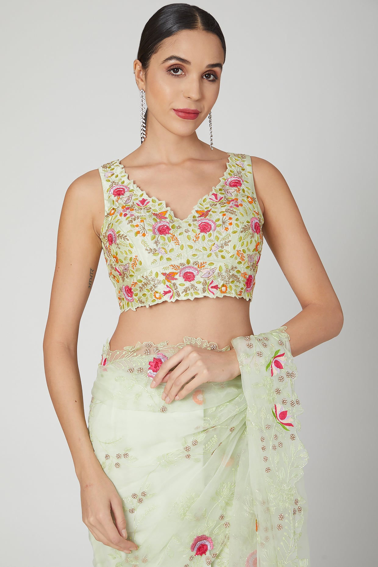 Mint Green Embroidered Saree Set