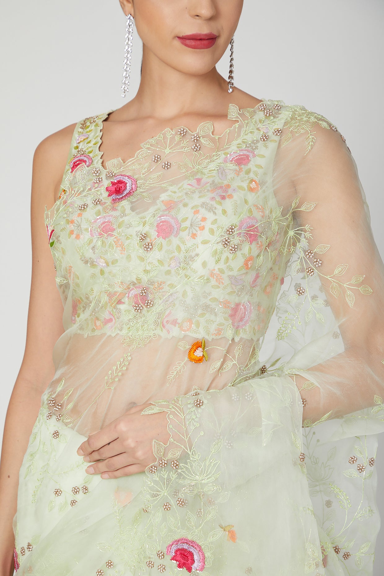 Mint Green Embroidered Saree Set
