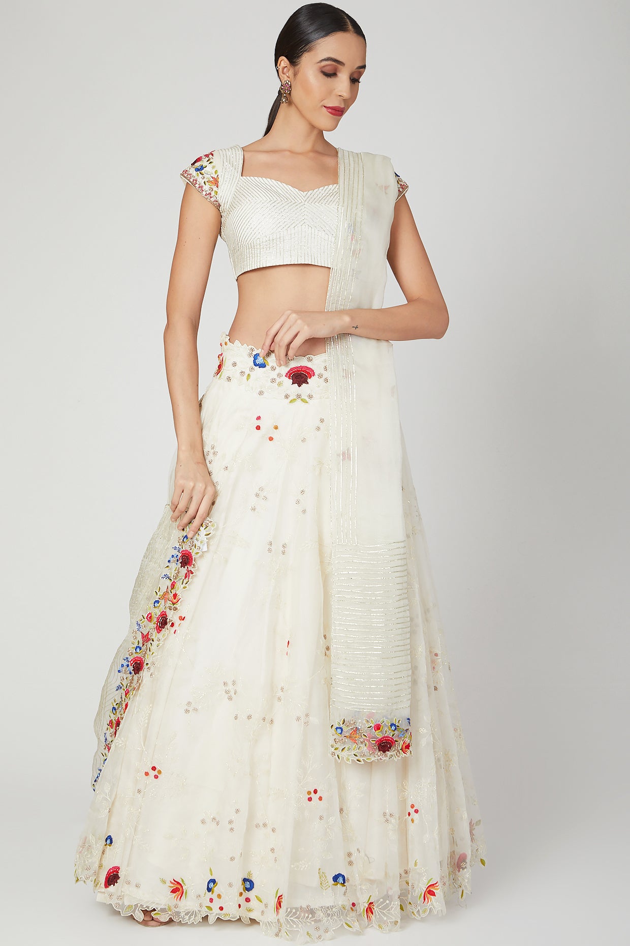 Ivory Organza Lehenga Set With Multicoloured Embroiderey