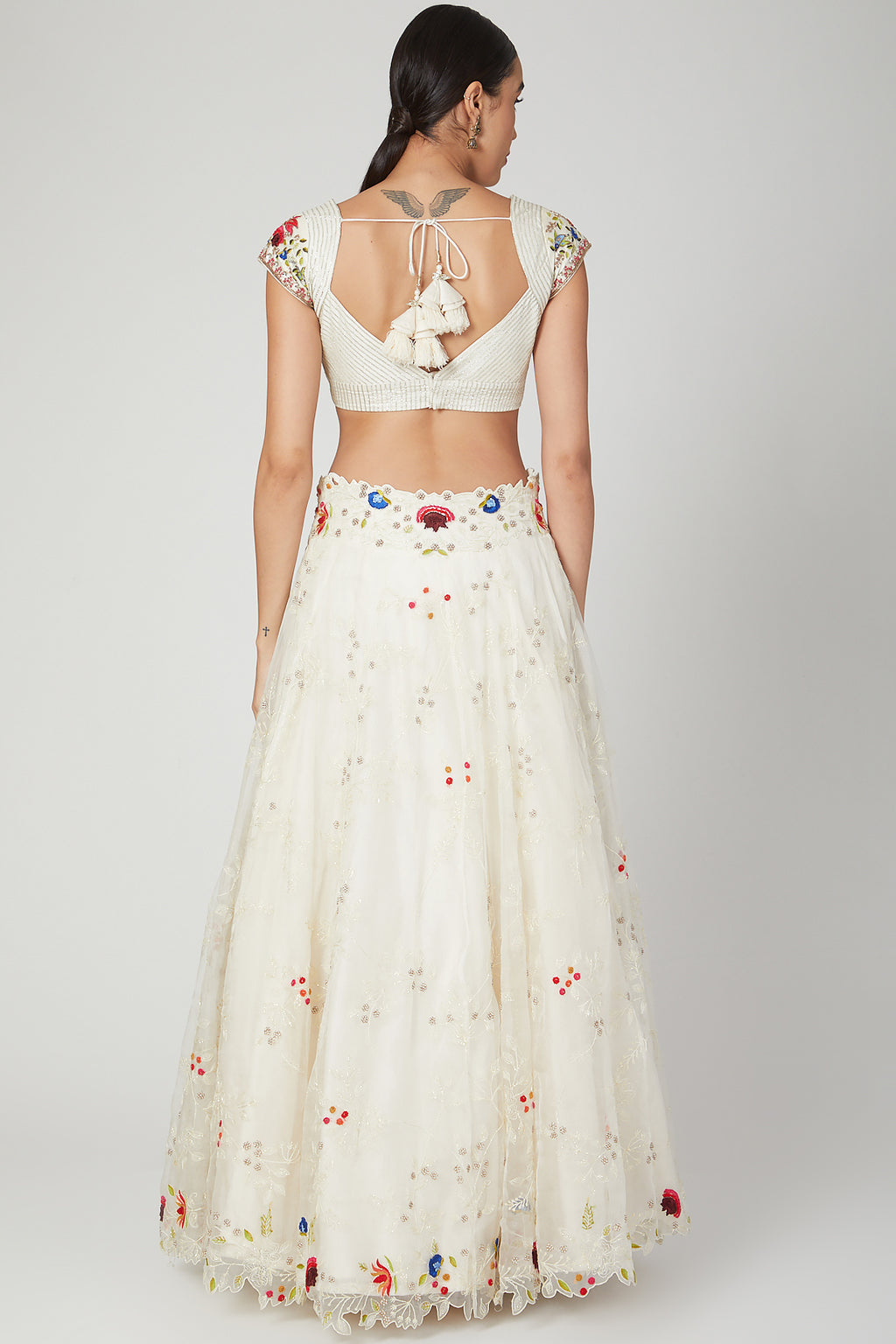 Ivory Organza Lehenga Set With Multicoloured Embroiderey