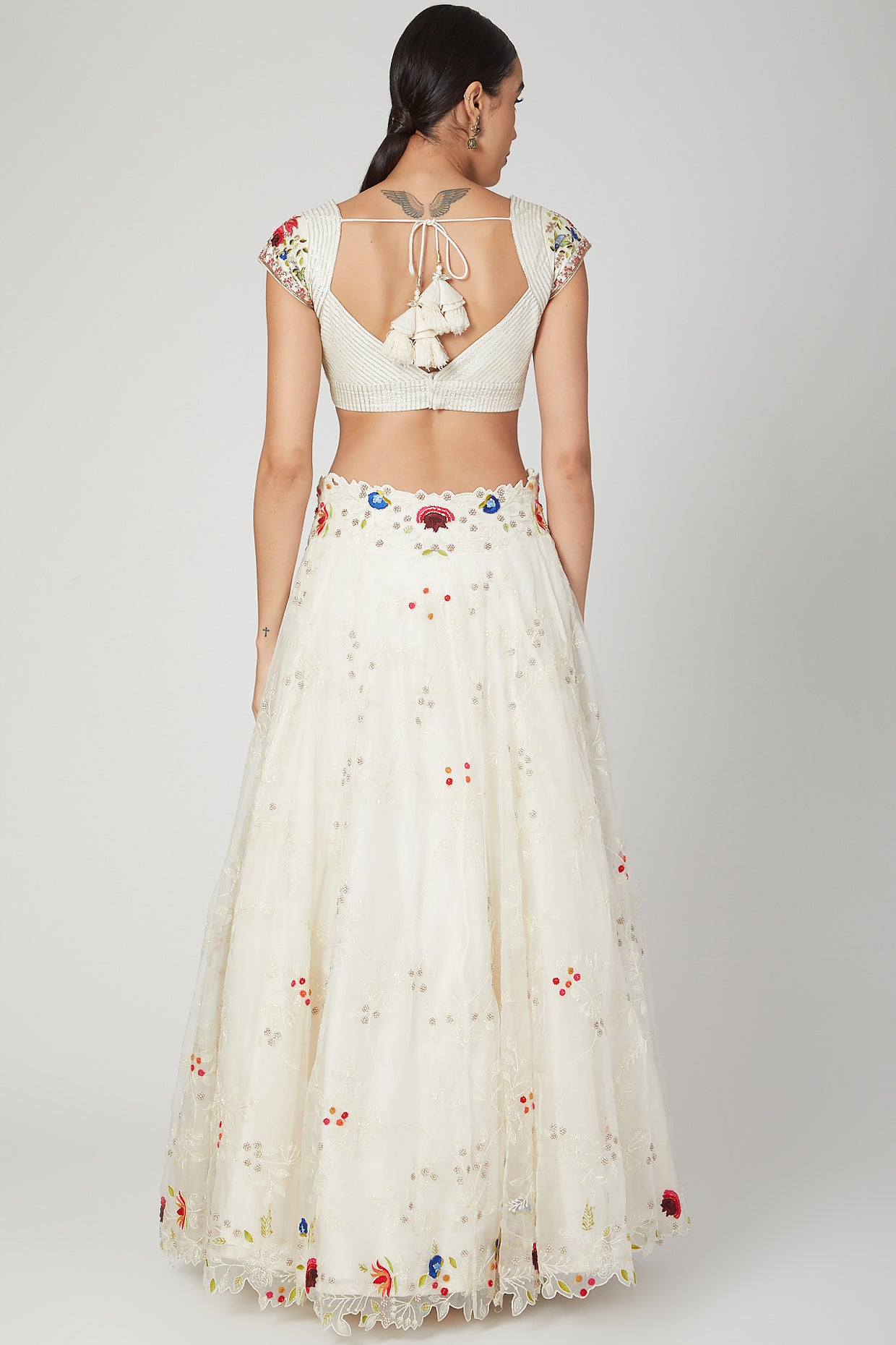 Ivory Organza Lehenga Set With Multicoloured Embroiderey