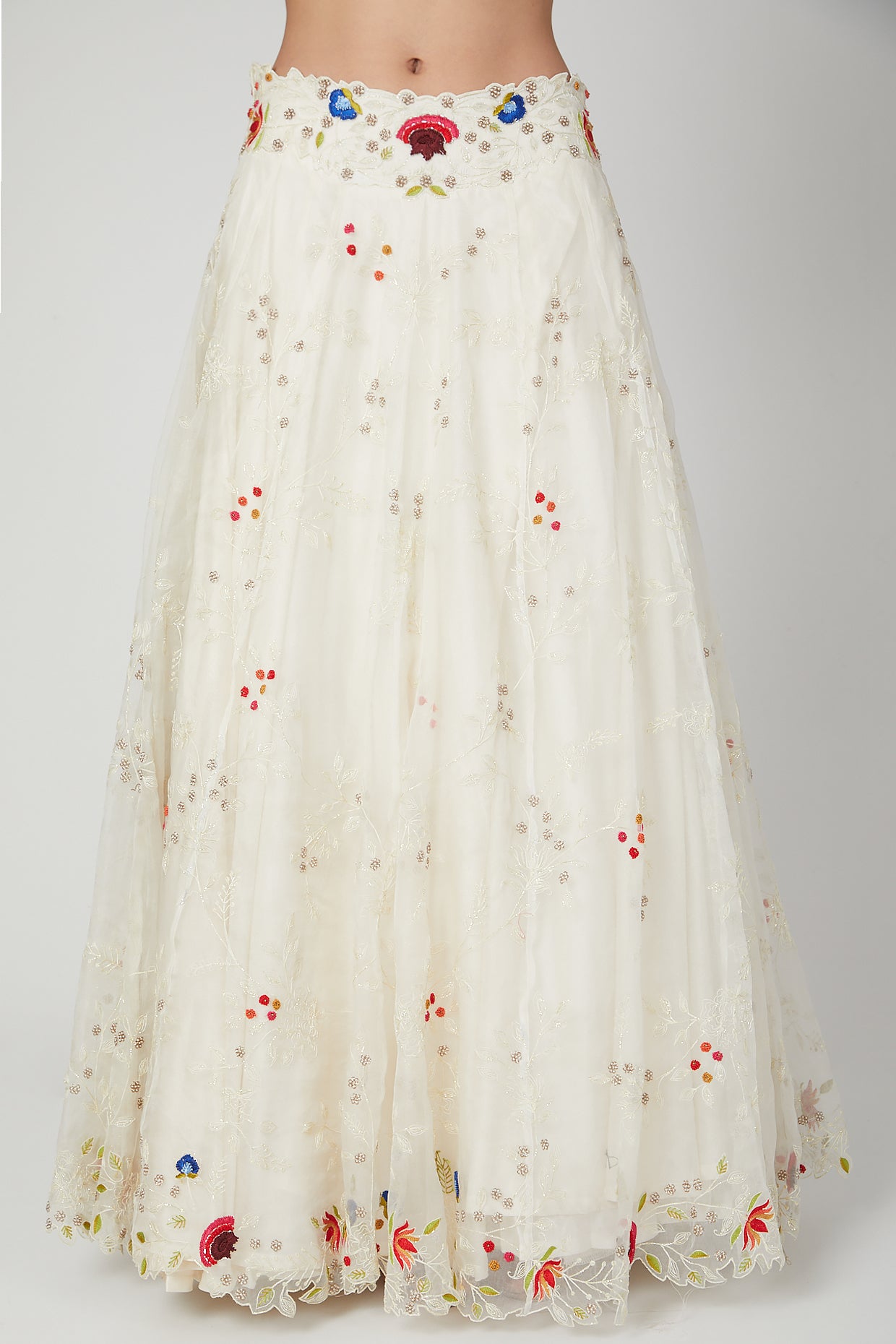 Ivory Organza Lehenga Set With Multicoloured Embroiderey