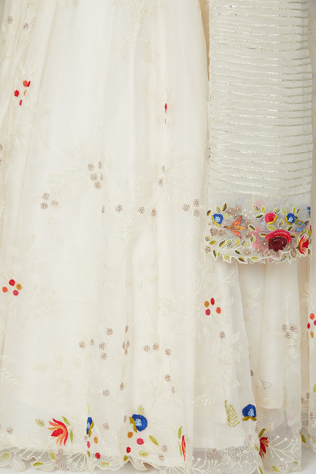 Ivory Organza Lehenga Set With Multicoloured Embroiderey