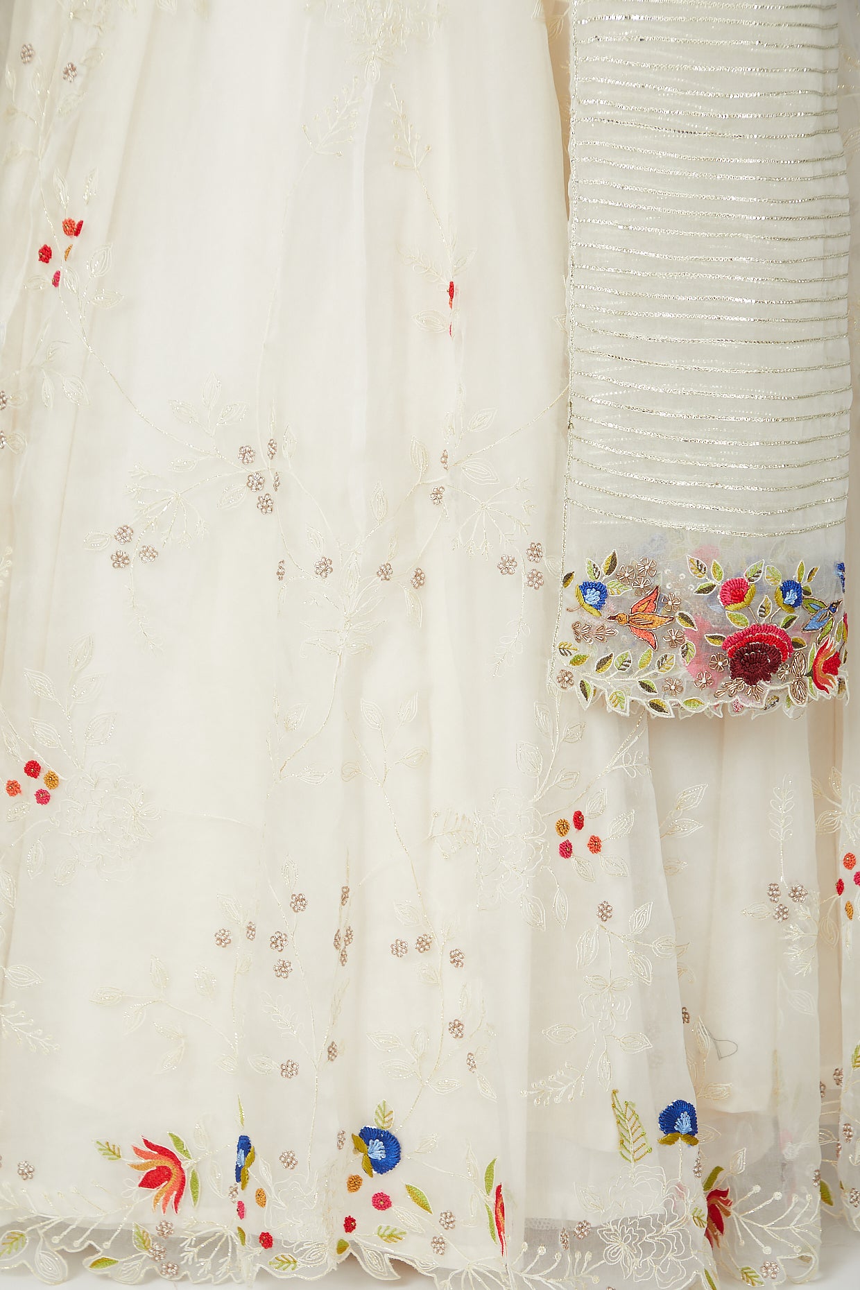 Ivory Organza Lehenga Set With Multicoloured Embroiderey