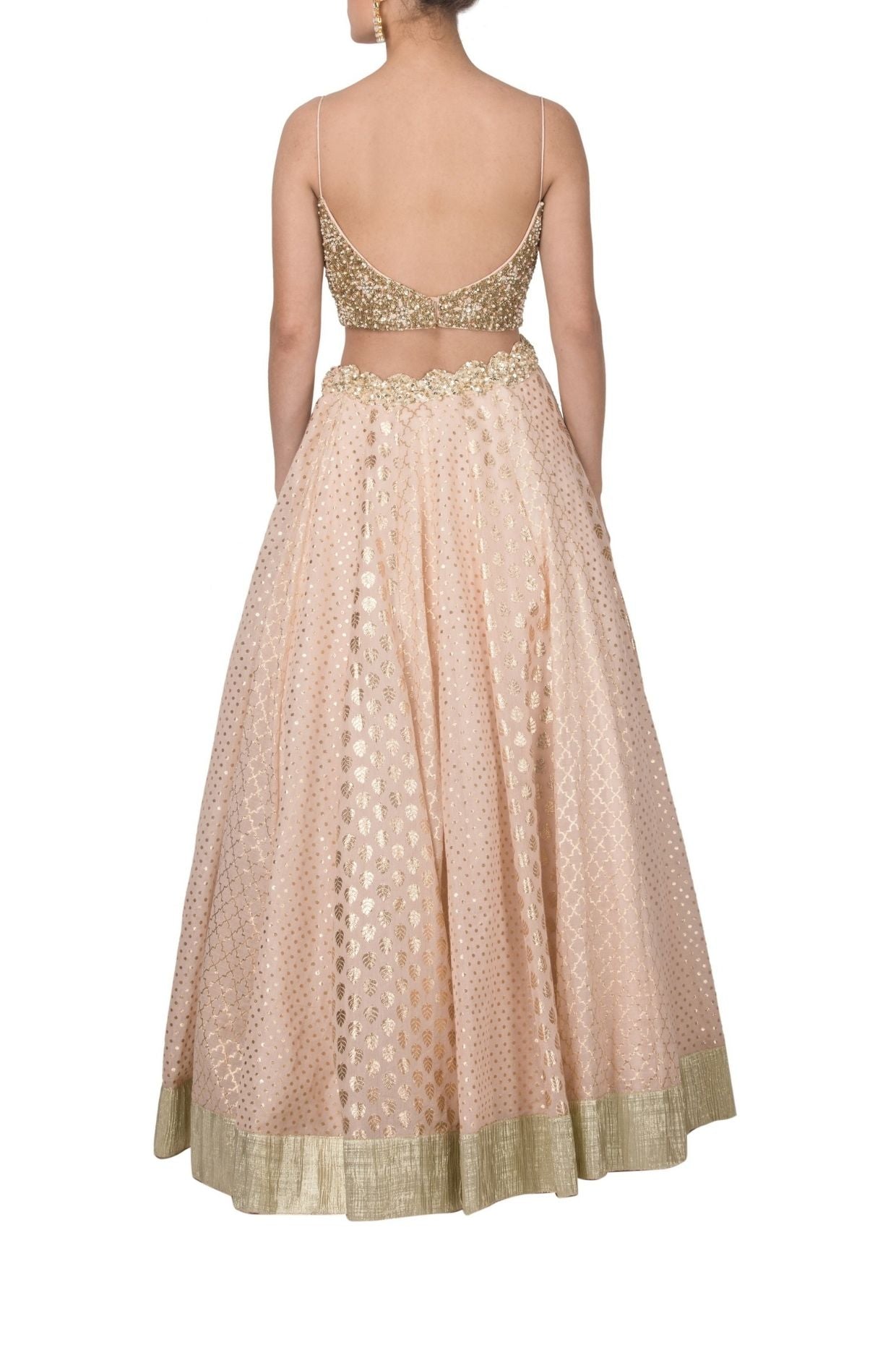 Peach Pink Chanderi Lehenga with Backless Top