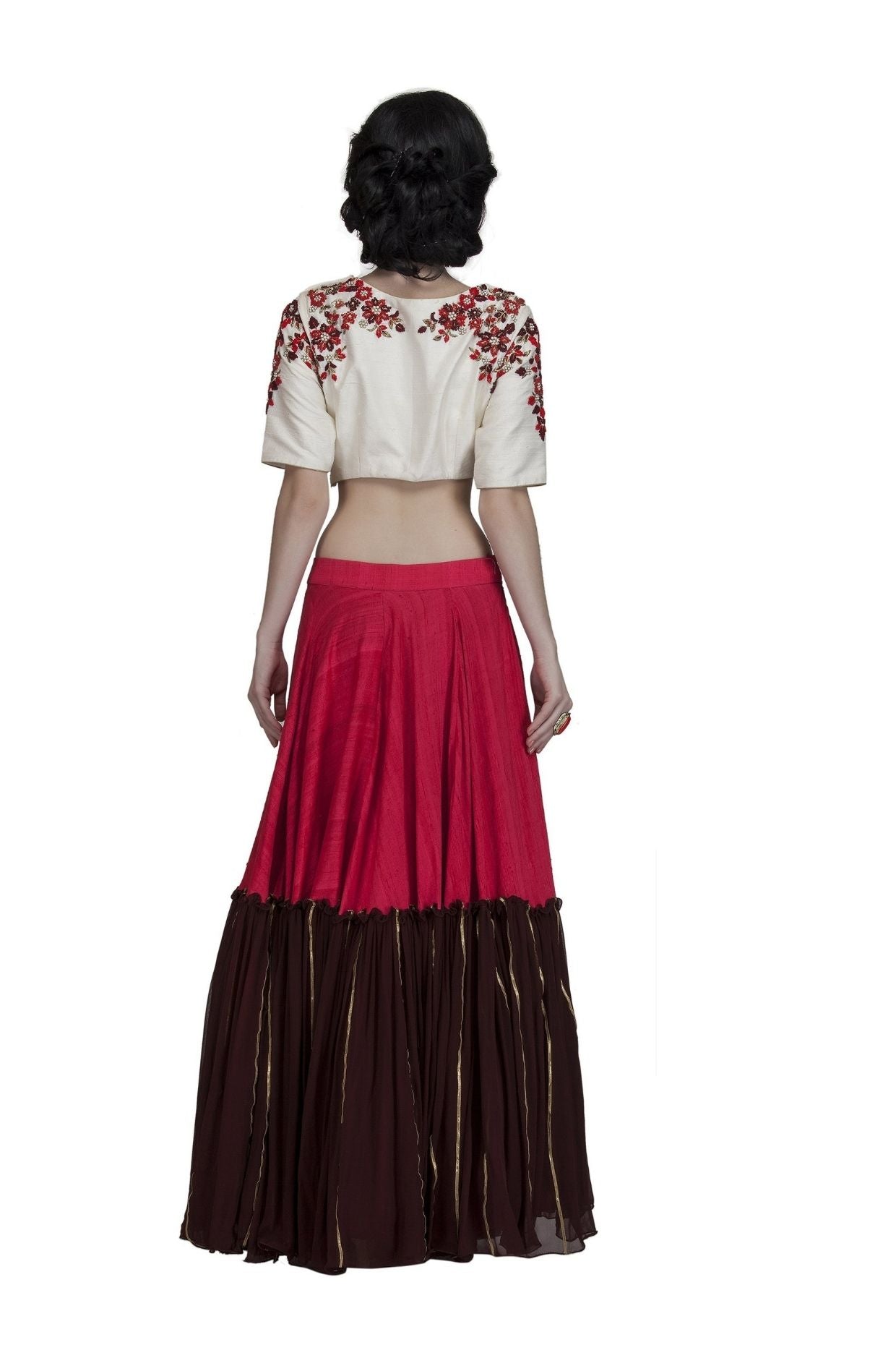 Off White Crop Top and Red and BlackLong Skirt