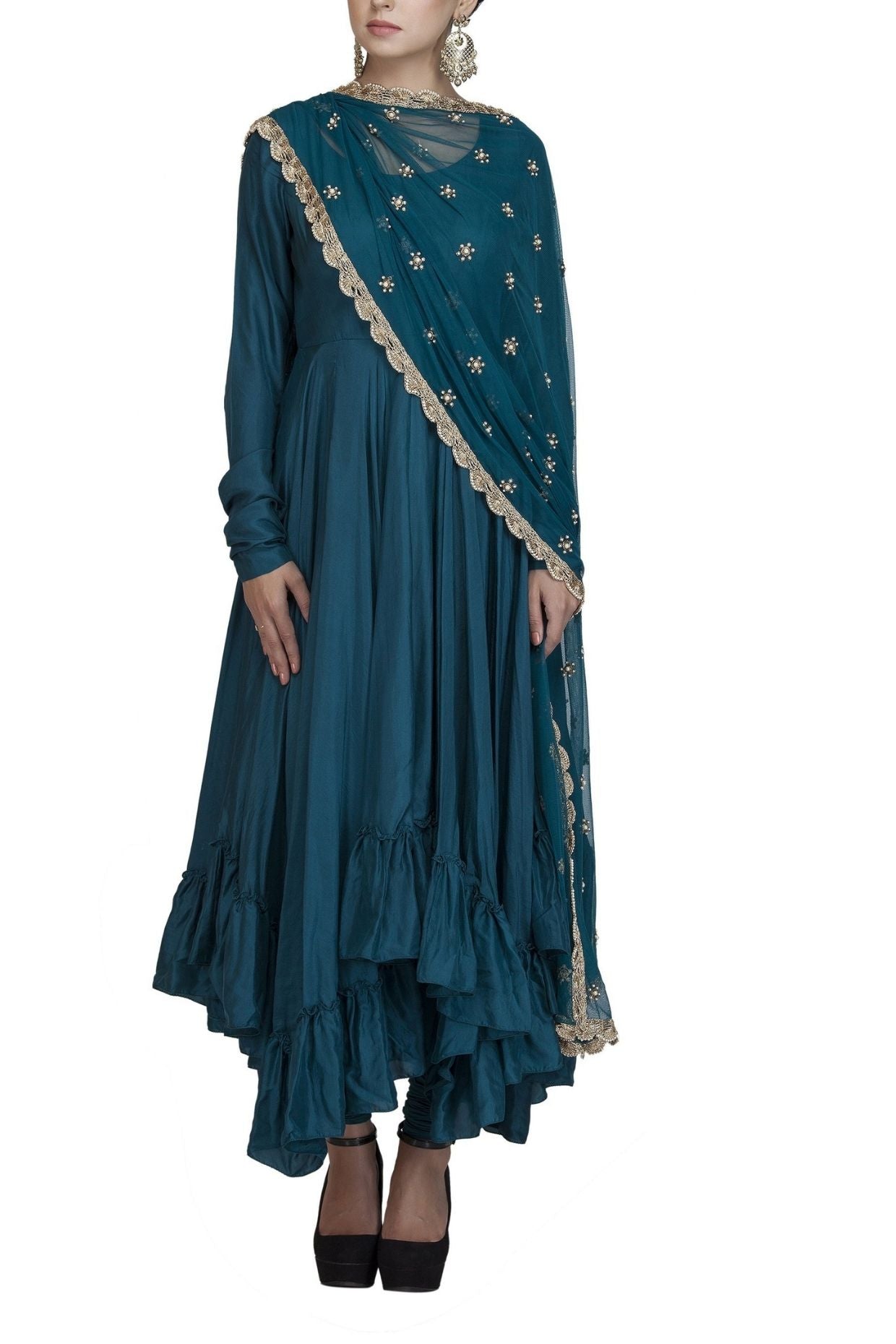 Teal Silk Anarkali Suit with embroidered Dupatta