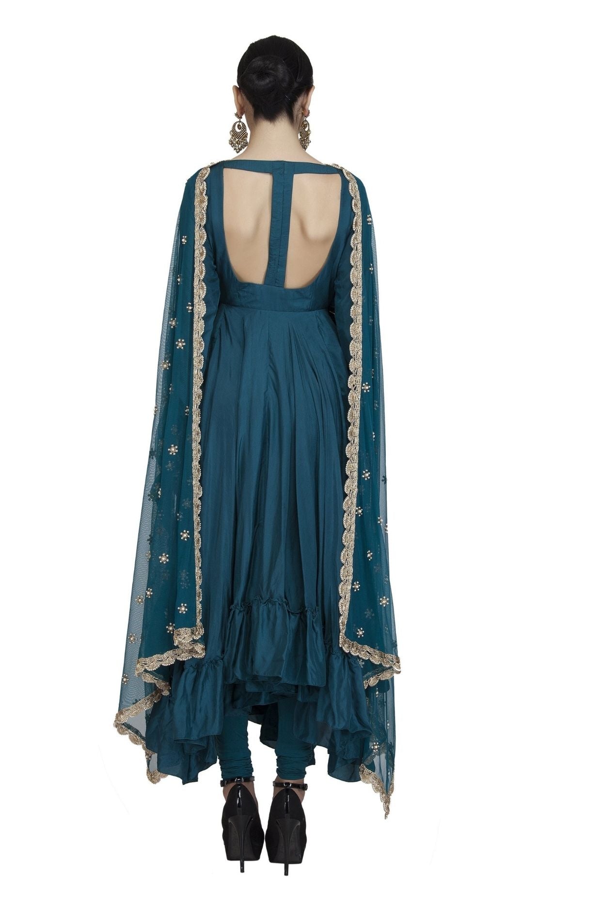 Teal Silk backless Anarkali Chudidar and Dupatta set