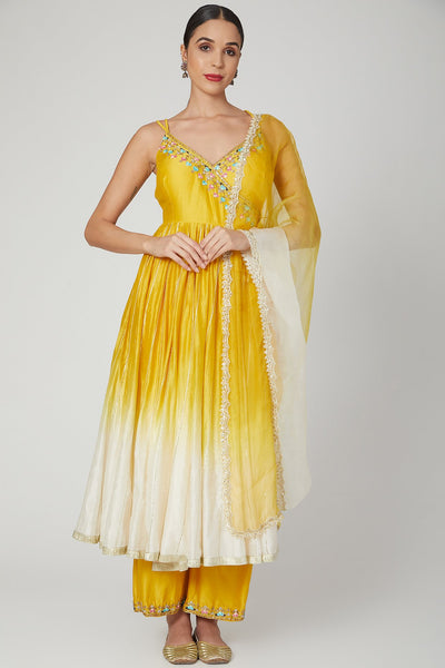 Yellow Ombre Dyed Embroidered Anarkali – Priyanka Jain