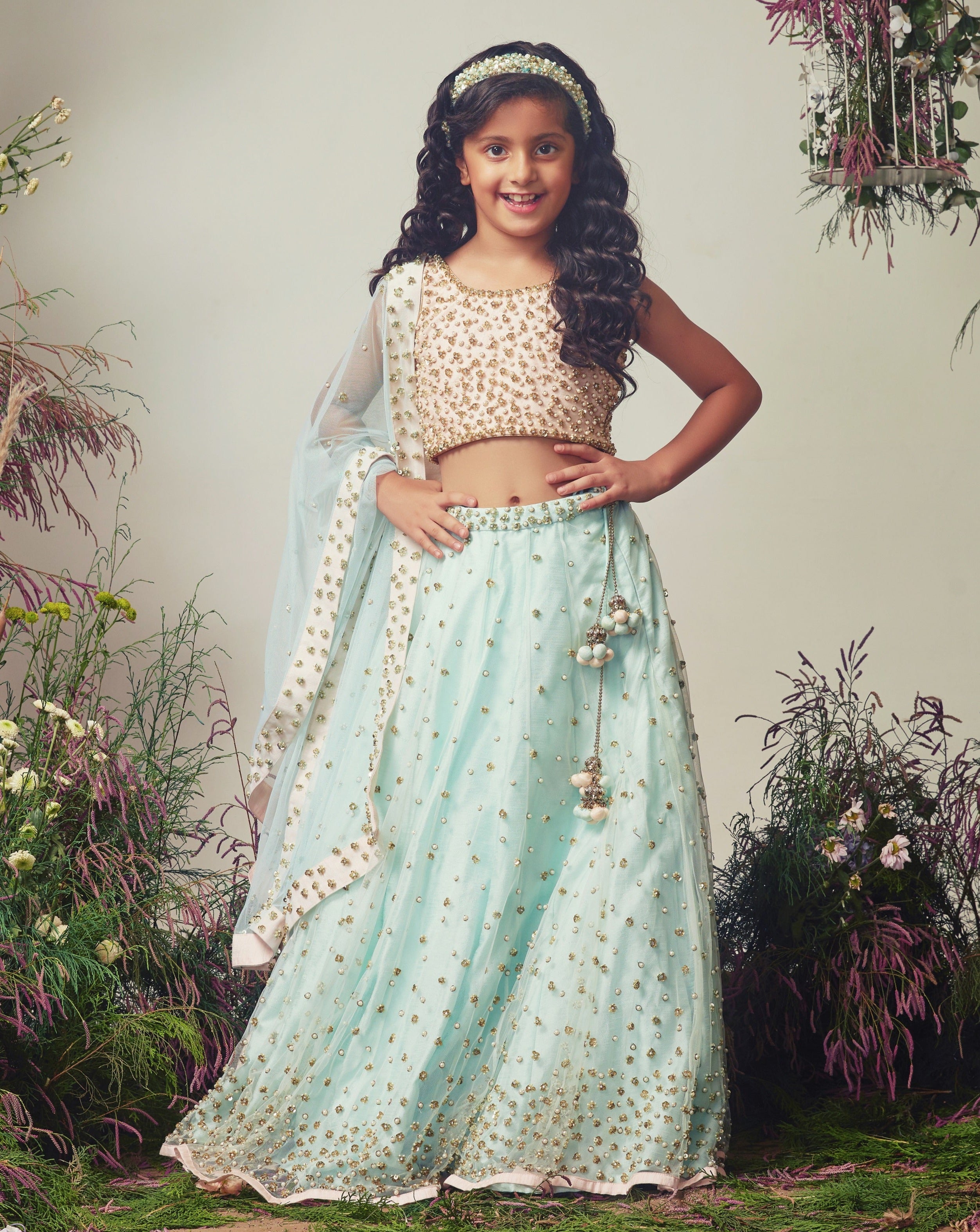 Peach & ice blue Embroidered Lehenga Set For Girls